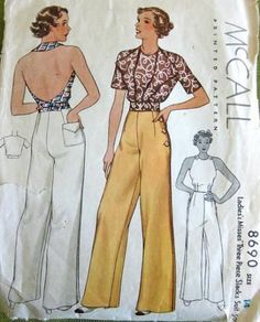 1930s Pants Pattern, 1940s Pants Pattern, 30 Something, Patron Vintage, Backless Halter Top, 30s Fashion, Suit Pattern, Vintage Dress Patterns