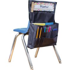 a school chair with a pocket for pens and pencils