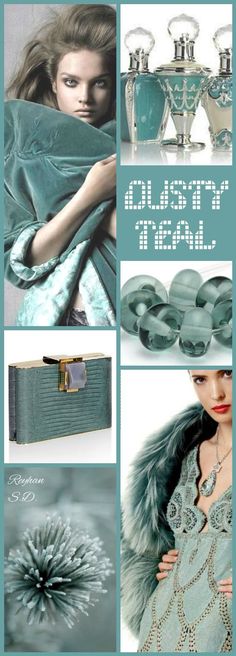 a collage of photos with blue and green items