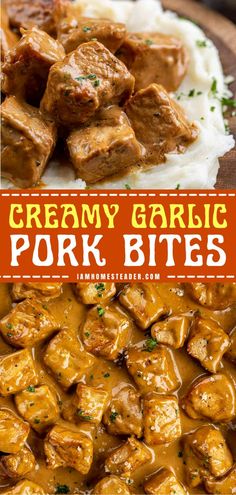 creamy garlic pork bites with gravy on top