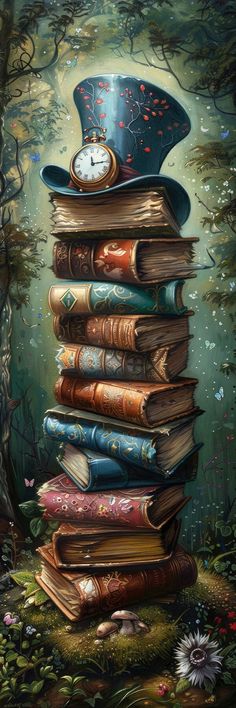 a painting of a stack of books with a clock on top of it in the woods