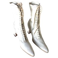 Dress up your wardrobe with these authentic, vintage, high top white kid leather boots with a generous amount of shoelace loops; wearable and in very nice condition--small size; lady's size 5 (narrow). The kid leather on these American Victorian circa 1890's lady's high top lace up boots, is nice and soft, and the boots are structurally sound with a strong heel and some markings to the surface; overall they have a lovely visual appearance (see images). They are great looking! Exterior dimensions Victorian Laceup Boots, Kids Leather Boots, Laceup Boots, Victorian Boots, High Tops Women, Random Clothes, Leather Boots Women, The Kid, White Boots