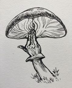 a black and white drawing of a mushroom with its hand on it's side