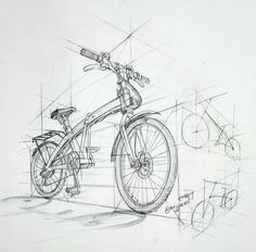 a drawing of a bicycle with wheels and spokes on the front wheel, in perspective