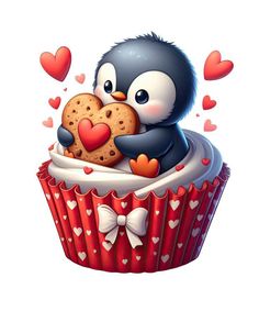 a cartoon penguin hugging a cookie in a cupcake