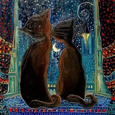 two cats sitting in front of an open window looking at the stars and night sky