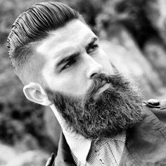 High Fade with Slicked Back Hair and Thick Beard Bohemian Punk, Beard Fashion, Thick Beard, Beard Haircut