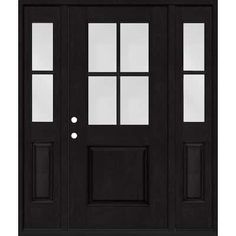 a black front door with two sidelights and glass panels on the top half of it