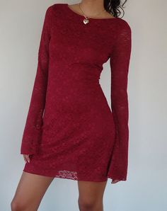 Deep Red Lace Long Sleeve Mini Dress | Sevila – motelrocks-com-us Cheap Red Forever 21 Dresses, Red Lace Fabric, Long Sleeve Dress Outfit, Christmas Outfit Dresses, Red Bell Sleeve Dress, Long Sleeve Lace Mini Dress, Deep Red Dress, Dark Red Dresses, Red Long Sleeve Dress