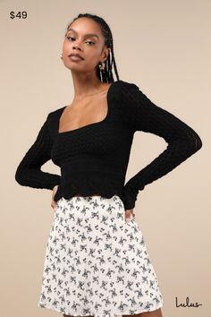 It's bound to be a good day for compliments whenever you style the Lulus Lucky Cutie Black Crochet Long Sleeve Sweater Top! Lightweight open crochet shapes this effortlessly cute sweater top with a flattering square neckline framed by long sleeves. The fitted bodice features knit details before ending at a slightly cropped hem. Scalloped edges accent the cuffs and hem for a vintage-inspired finish. Fit: This garment fits true to size. Length: Size medium measures 18" from shoulder to hem. Bust: Crochet Shapes, Cute Sweater, Adhesive Bra, Knit Long Sleeve, Black Crochet, Scalloped Edges, Cute Sweaters, Low Iron, Cup Size