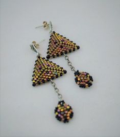 Dimensional Beadwoven Triangle Earrings | Etsy Handmade Multicolor Earrings For Evening, Beaded Teardrop Jewelry For Evening, Metal Beaded Earrings With Faceted Beads For Gifts, Gold Beaded Sterling Silver Earrings, Unique Handmade Metal Beaded Earrings, Silver Beaded Chain Earrings As Gift, Silver Beaded Chain Earrings For Gift, Handmade Multicolor Jewelry For Evening, Handmade Metal Beaded Earrings For Party