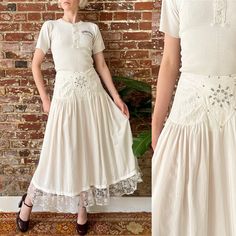 Vintage 1980s Western White Silk & Lace Bejewelled Skirt - Zipper closure up the back - Drop waist fit - Silk is semi-sheer, may want to wear with a slip skirt - Great condition, no flaws - Fits best size Small, 26" waist Tags: I.B.Diffusion 100% Silk Made in Hong Kong Medium (fits like modern size Small) Measurements are done with garment laying flat and are not doubled. Please refer to measurements to ensure proper fit. Waist- 13"  Drop waist- 19" Hips- Free Length- 37" Model is a 25" waist, 3 Zero Waste Fashion, White Lace Skirt, Skirt With Lace, Skirt Zipper, Vintage Wardrobe, Silk Lace, Upcycled Fashion, Slip Skirt, Lace Hem