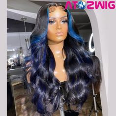 Long  Loose Wavy Fashion Black Wigs with BLue Highlight Lace Front Wigs T part Styled Wigs, Highlight Hair, Front Hair, Blue Highlights, Wave Wig, Raw Hair