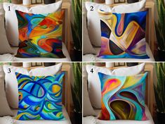 four pillows with different designs on them, one is colorful and the other has an abstract design