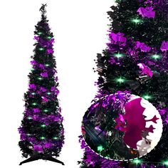 PRICES MAY VARY. This pop up Christmas tree for Halloween decorations is made of high quality tinsel, with purple laser bat pattern and black PVC wrapped to form a cool Halloween decoration tree. The shiny pencil pop-up tree comes with 60 LED lights, which are already installed on the tree, eliminating the tedious step of manually setting up the Lamp string. Easy to store and install, simply assemble the metal tube, insert the base, and wrap the tinsel bark around it to a complete pop-up tree. U Mini Halloween Tree, Pop Up Christmas Tree, Mini Christmas Tree Decorations, Pencil Tree, Purple Christmas Tree, Tinsel Christmas Tree, Pencil Trees, Bat Pattern, Halloween Tree