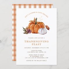 a thanksgiving party card with pumpkins and acorns on the front, in orange plaid