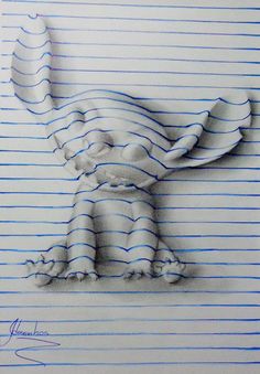 a drawing of an elephant with stripes on it's face and tail, sitting in front of a sheet of lined paper