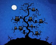 an image of a tree with owls on it and the moon in the sky above