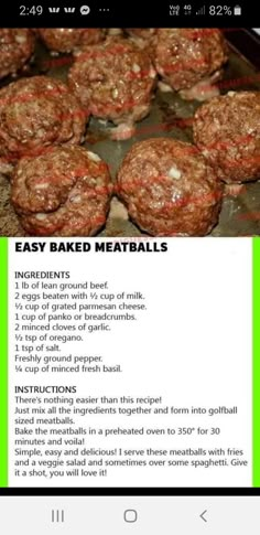 the recipe for baked meatballs is shown on an iphone screen, and it appears to be