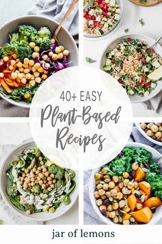 four different bowls filled with various types of food and the words, 40 easy plant - based recipes