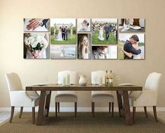 a dining room table with chairs and pictures on the wall