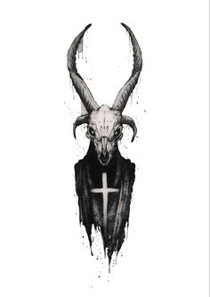 an animal with horns and a cross on it's head is drawn in black ink