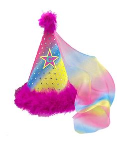 a colorful hat with a star on it and a pink, blue, yellow, and purple feather