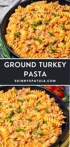 ground turkey pasta in a skillet with tomatoes and herbs