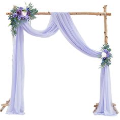 an arch decorated with purple flowers and greenery for a wedding ceremony on white background