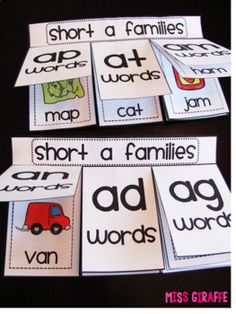 four cards with words and pictures on them that say short - a - families, i am