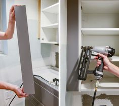 two pictures of someone using a power drill to paint the wall in their kitchen cabinets