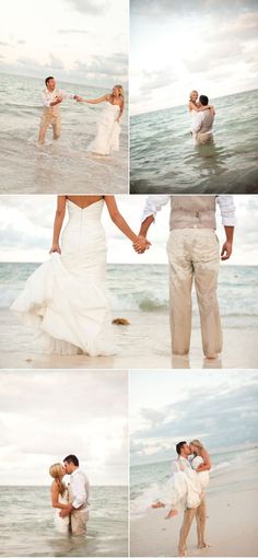 a bride and groom holding hands in the water at their beach wedding ceremony on the ocean