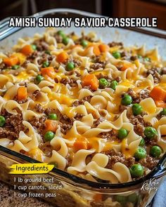 a casserole dish with noodles, peas and ground beef