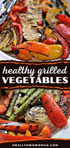 grilled vegetables on a white plate with text overlay