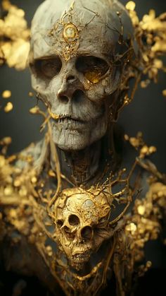 an image of a skeleton with gold leaves on its head