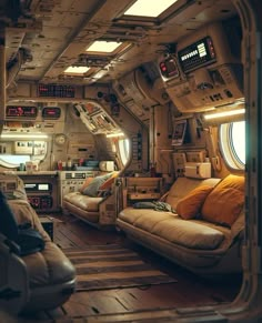 the inside of a space shuttle with couches and windows