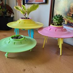 three plastic plates with plants in them sitting on a table next to a planter