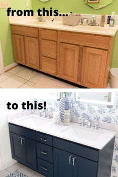 Builder Grade Bathroom Vanity Makeover DIY Cabinet Makeover Paint, Vanity Makeover Diy, Bathroom Vanity Update, Update Bathroom Cabinets, Vanity Update, Builder Grade Bathroom, Bathroom Cabinet Makeover, Bathroom Cabinet Colors