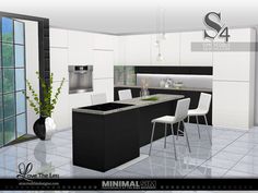 an image of a modern kitchen setting with black and white furniture in the center island