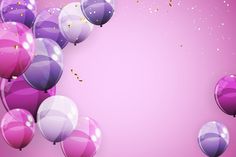 purple and white balloons with confetti falling from the top on a pink background