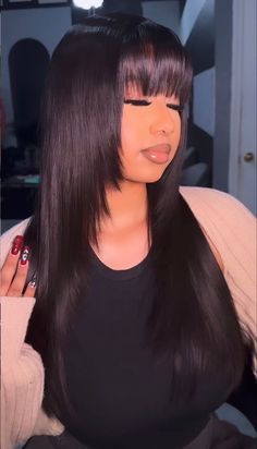 Black Wig With Layers, Bangs On Wig, Wig With Bangs For Black Women, Lace Front Wigs With Bangs, Hair Braid Patterns, Two Braid Hairstyles, Sew In Hairstyles, Frontal Hairstyles, Slick Hairstyles