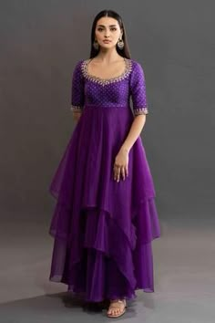 Shop for Kavitha Gutta Purple Organza Hitha Layered Anarkali for Women Online at Aza Fashions Kavitha Gutta, Frock Models, Designer Anarkali Dresses, Long Frock Designs, Frock Designs, Long Gown Design, Simple Frocks, Anarkali Dress Pattern, Long Frock