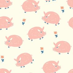 pink pigs and flowers on a white background