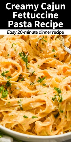 creamy cajun fettuccine pasta recipe in a white bowl