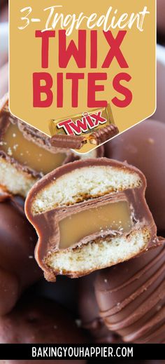 three ingredient twix bites are stacked on top of each other with chocolate in the middle