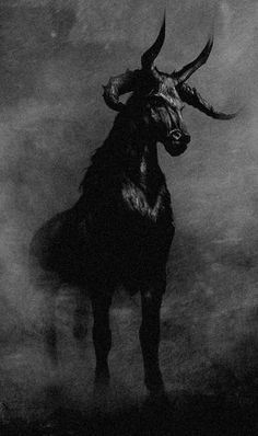 a black and white photo of a bull with horns on it's head standing in front of a cloudy sky