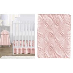 a baby crib bedding set with pink ruffled bedspread and matching blanket