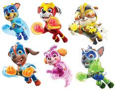 the paw patrol characters are all in different colors and sizes, including blue, yellow, red, green, orange, and purple