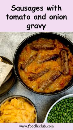 sausages with tomato and onion gravy in a pan next to green peas