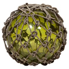 a green ball with rope wrapped around it on a white background in the shape of a sphere